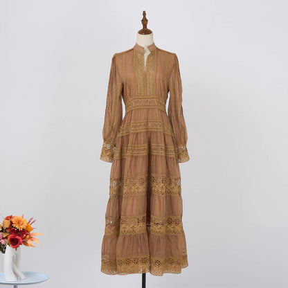 Stand Collar Stitching Lace Hollow Button Maxi Dress