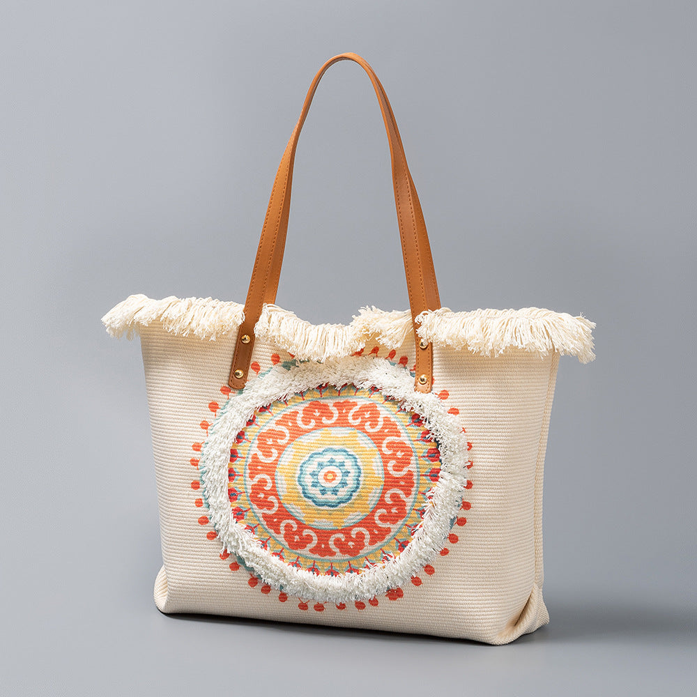 Bolso tote de lona con borlas de gran capacidad estilo bohemio