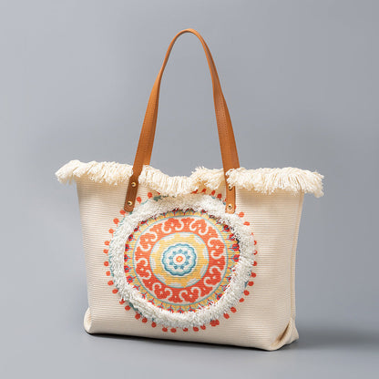 Bolso tote de lona con borlas de gran capacidad estilo bohemio