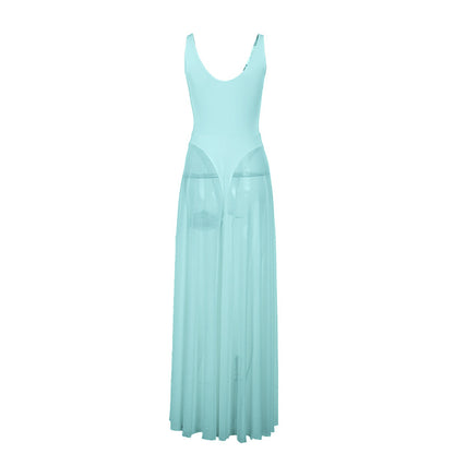 Women Elegant Mesh V-Neck Sleeveless Dress Polyester Slim Fit