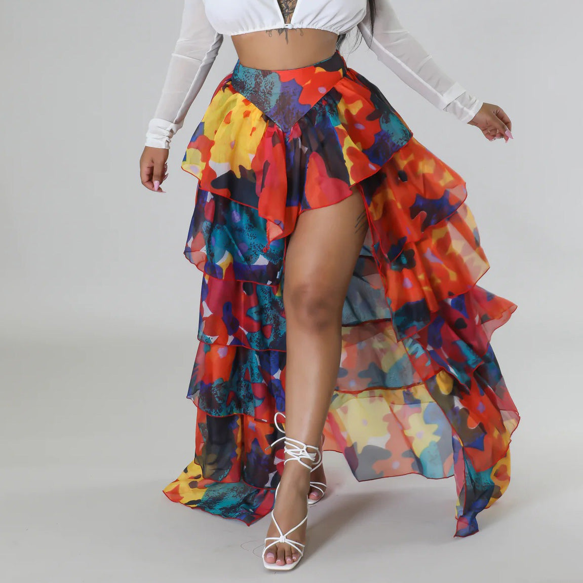 Falda con volantes y abertura frontal con estampado multicolor sexy para mujer