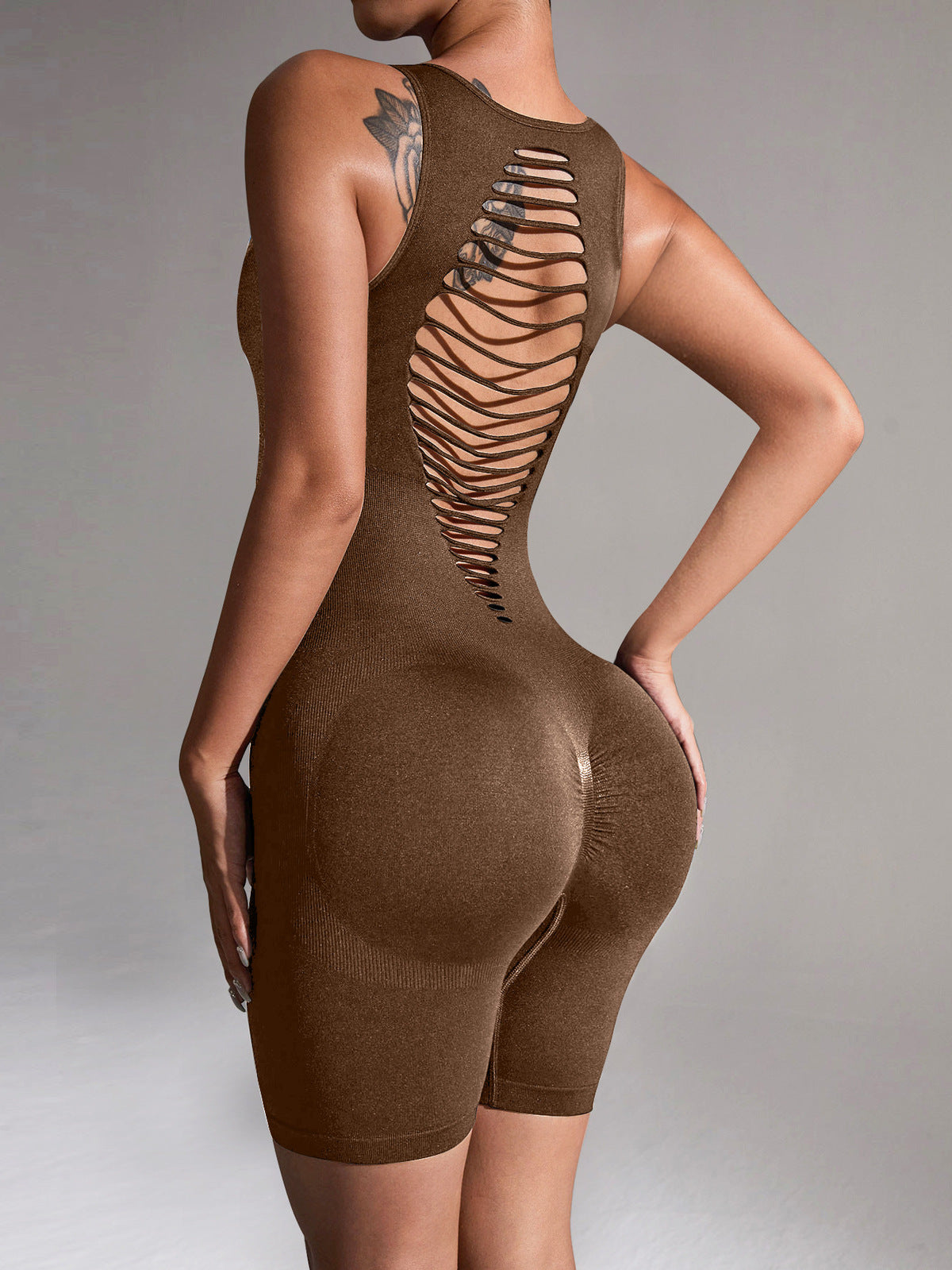 Women Fashion Solid Color Hollow Stripe Yoga Rompers