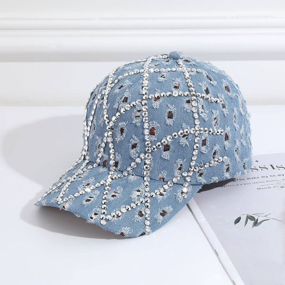 Gorra de béisbol vaquera rasgada con diamantes de imitación para mujer
