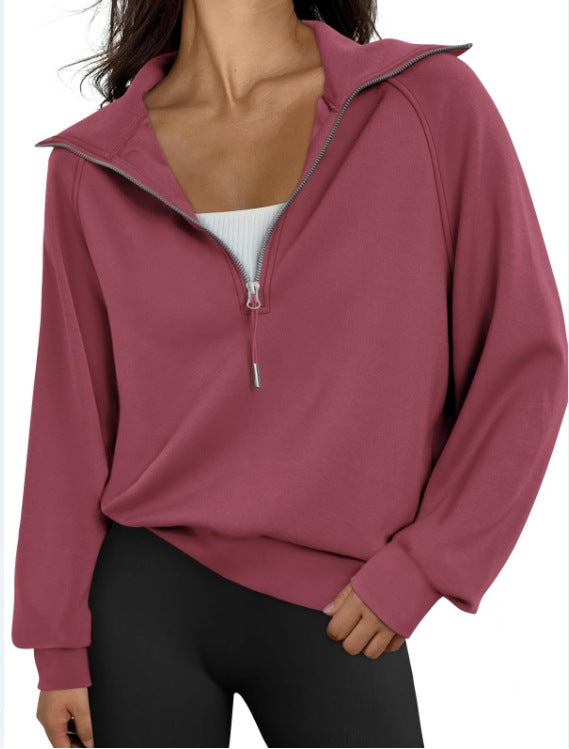 Women Half Zipper Fleece-Lined Solid Color Sweatshirt