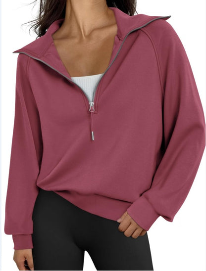 Women Half Zipper Fleece-Lined Solid Color Sweatshirt