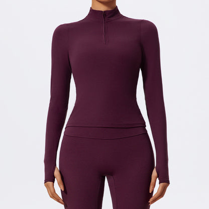 Haut de yoga à manches longues et demi-fermeture éclair pour femme, couleur unie, avec élasthanne