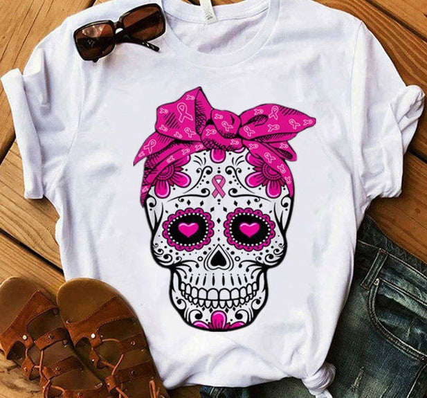 Camiseta de manga corta con estampado de calavera de Halloween para mujer