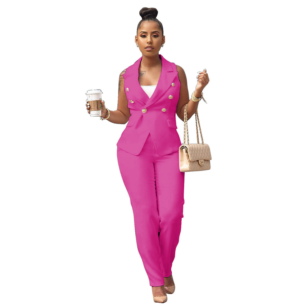 Ensemble débardeur décontracté à col en V et couleur unie pour femme