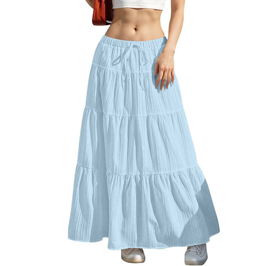 Women Casual Solid Color Drawstring Maxi Skirt with Splice Design