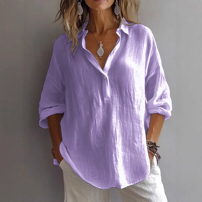 Chemisier à manches longues et col en V pour femme, couleur unie, coupe ample et décontractée, en coton et lin