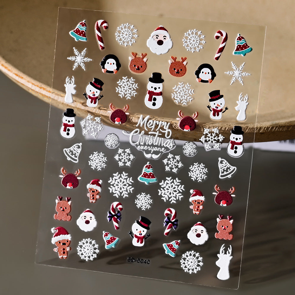 Pegatinas para uñas con relieve navideño de Papá Noel, muñeco de nieve y copos de nieve