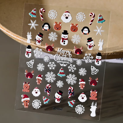 Pegatinas para uñas con relieve navideño de Papá Noel, muñeco de nieve y copos de nieve