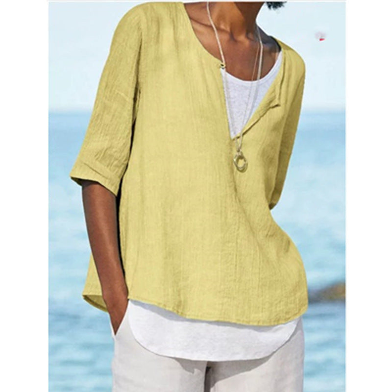 Blusa informal de lino con cuello en V y color liso para mujer
