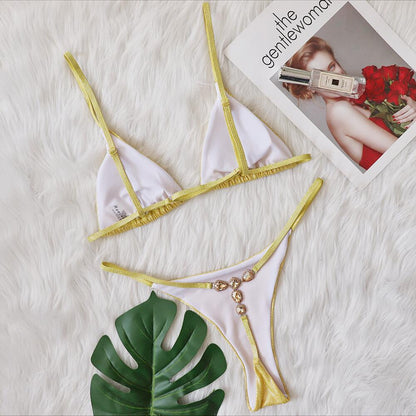 Bikini sexy de color sólido con diamantes de imitación a la moda para mujer