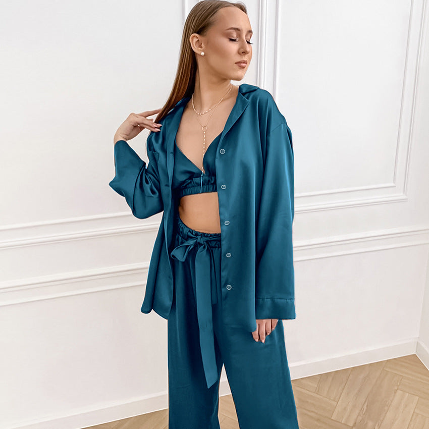 Women Fashion Sexy Sling Silk Jacket Pants Home Pajamas Set