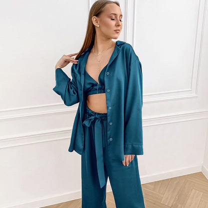Women Fashion Sexy Sling Silk Jacket Pants Home Pajamas Set