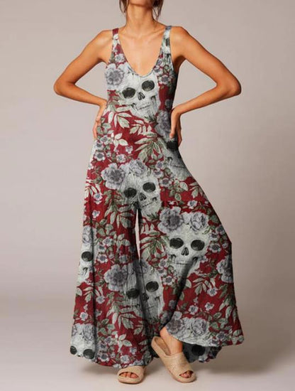 Combinaison vintage décontractée à imprimé tête de mort pour femme, style Halloween