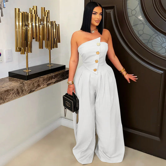 Women Fashion Solid Color Strapless Jumpsuits