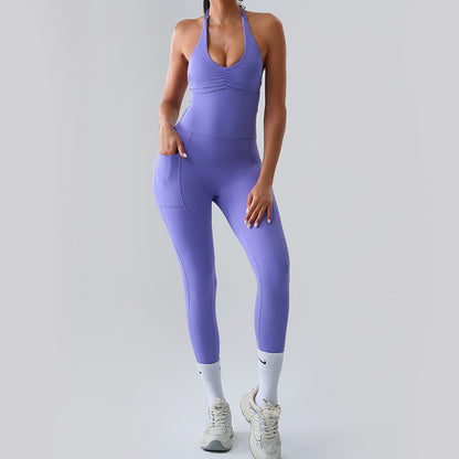 Women Fashion Sexy Solid Color Halter Neck Yoga Jumpsuit