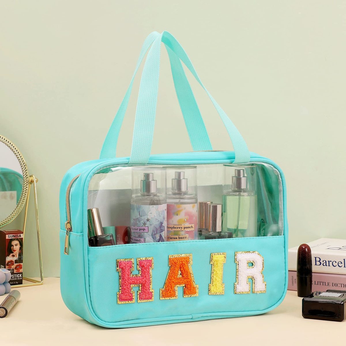 Bolsa de cosméticos transparente de PVC con letras bordadas
