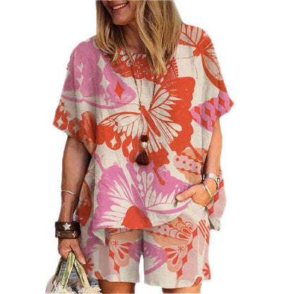 Women's Fashion Geometric Fawn Cotton and Linen Two-Piece Set