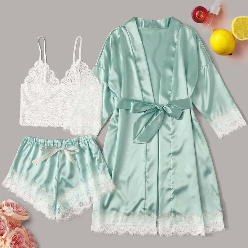 Women Elegant Sexy Lace Satin Pajamas Set