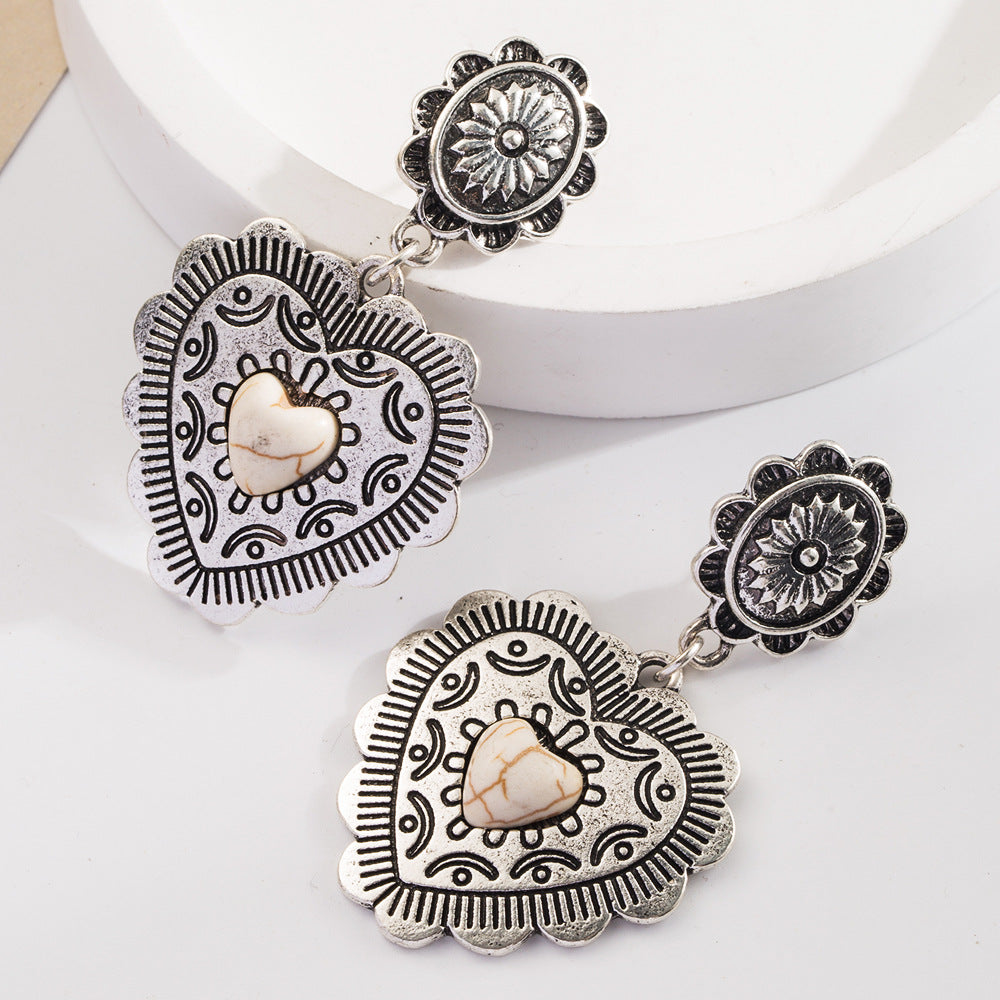 Boucles d'oreilles rétro en forme de cœur turquoise exagéré pour femme - Bijoux bohèmes vintage