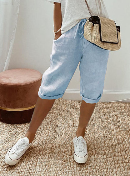 Pantalones casuales de lino y algodón de color liso a la moda para mujer