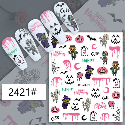 Autocollants pour ongles Halloween, motif crâne, citrouille, chat noir