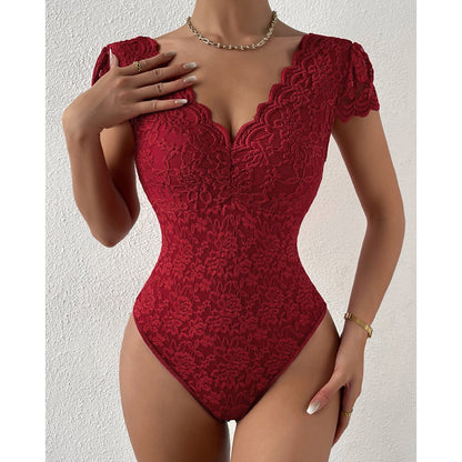 Body dos nu en dentelle couleur unie à décolleté en V profond pour femme