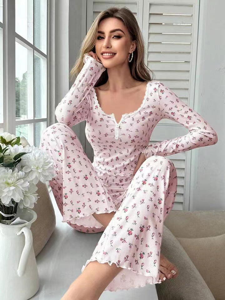Women Fashion Casual Floral Printed Pajamas Set
