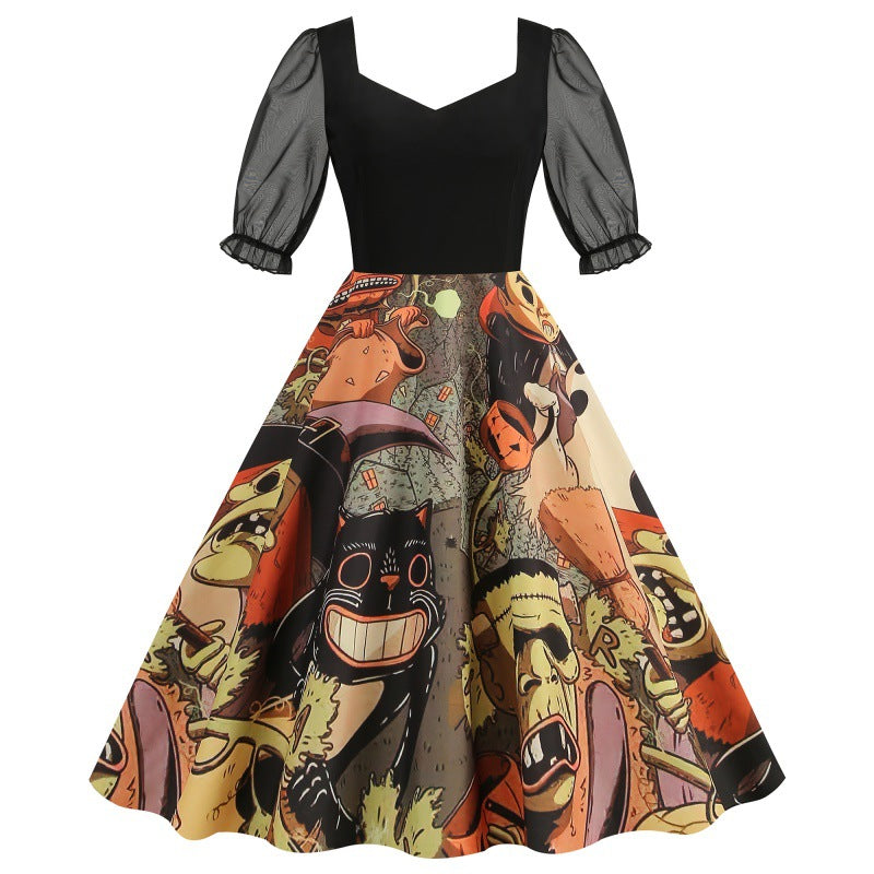 Halloween Party Mesh Sleeve Vintage Printed Dress
