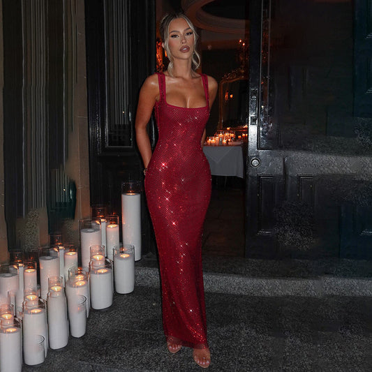Women Fashion Sexy Solid Color Sequin Party Dress