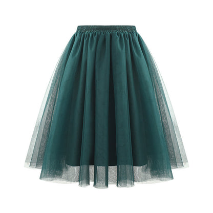 Women Fashion Elegant Solid Color High Waist Pleated Mesh Skirt