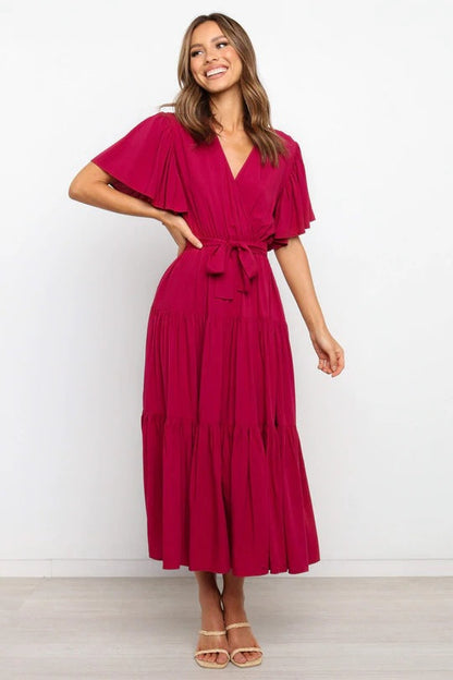 Summer Women Fashion Bohemian Style V-Neck Short Sleeve Maxi Dress