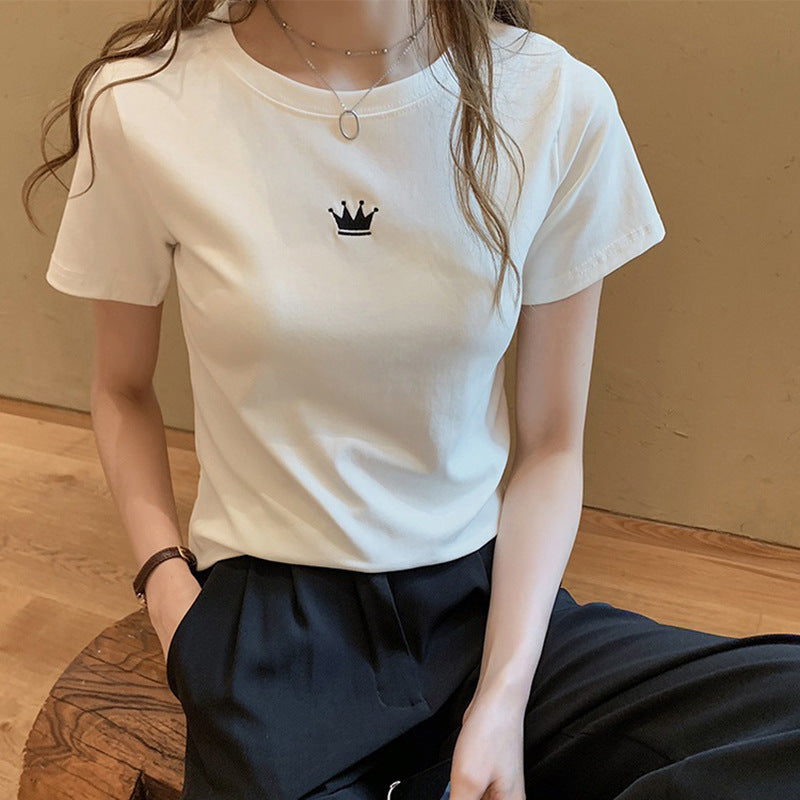 Women Fashion Casual Solid Color Embroidered Crewneck T-Shirt
