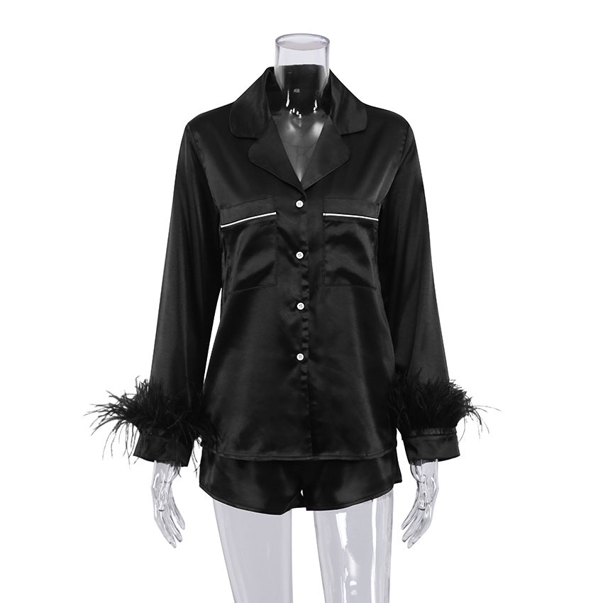 Women Fashion Loose Satin Ice Silk Long Sleeve Pajamas Set