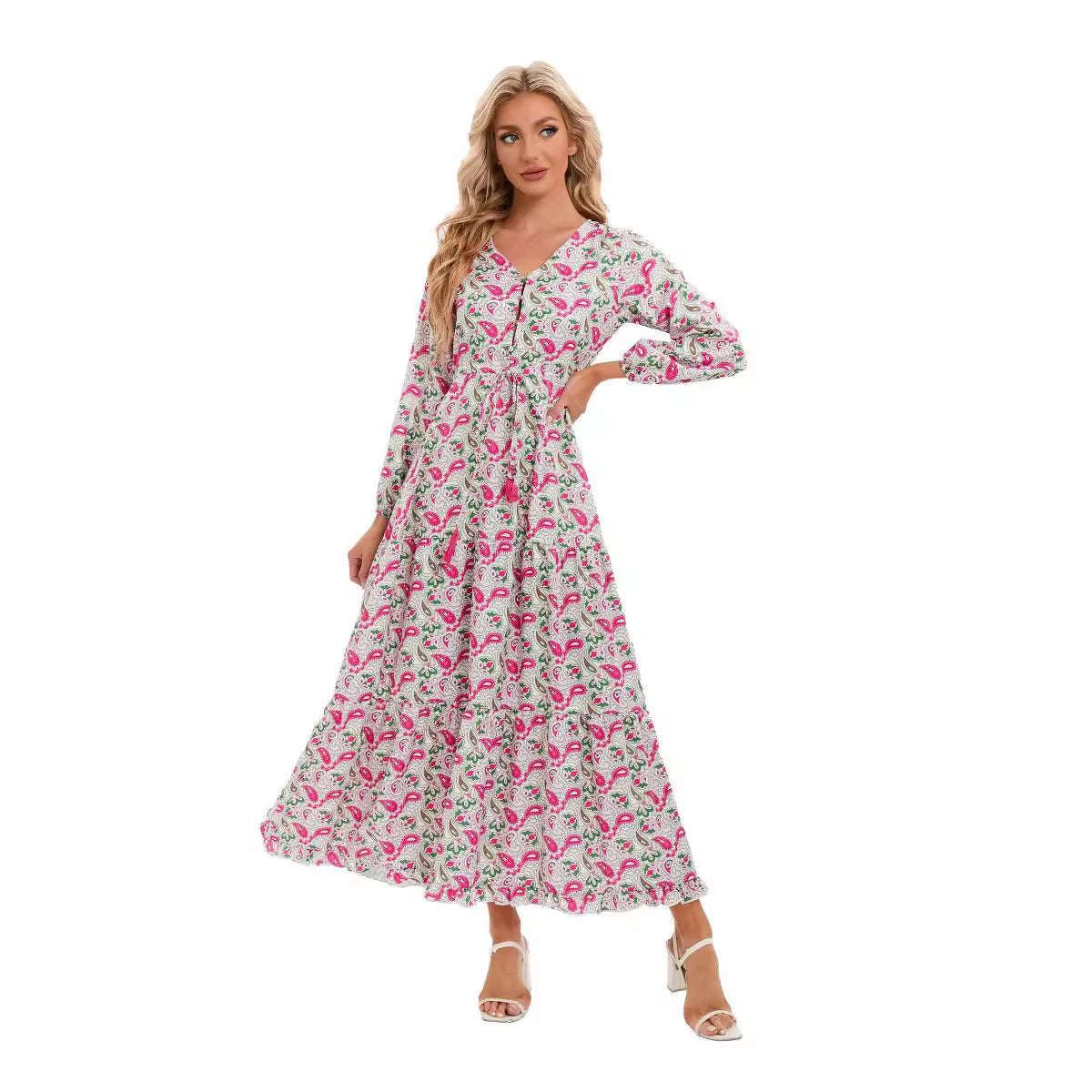 Vestido elegante de manga larga con cuello en V y estampado bohemio para mujer