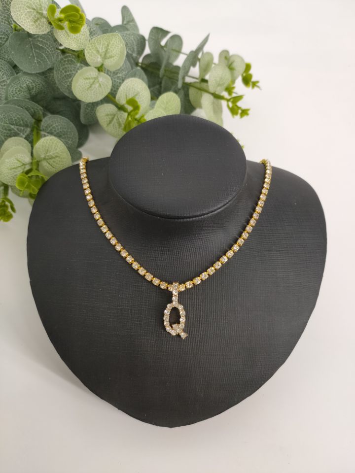 Women Rhinestone Alphabet Necklace