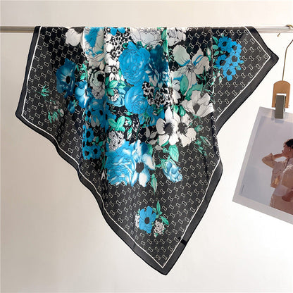 Pañuelo cuadrado de satén de seda con estampado de lirios y flores de 70 cm
