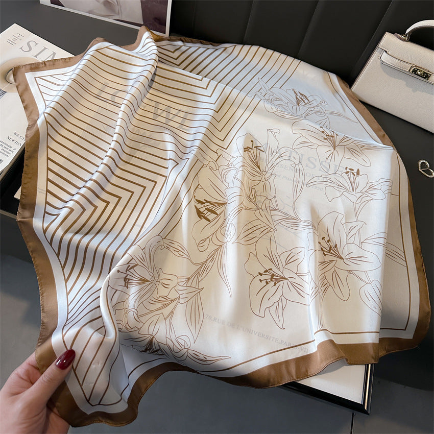 Pañuelo cuadrado de satén de seda con estampado de lirios y flores de 70 cm