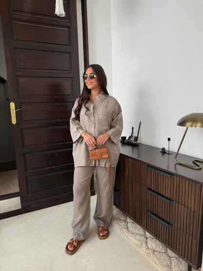 Summer Women Casual Solid Color Lapel Shirt Pants Set