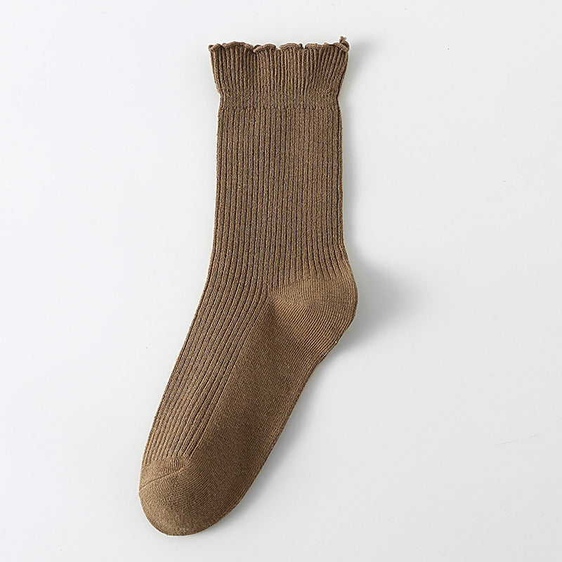 Calcetines casuales de algodón con borde rizado para mujer en colores lisos