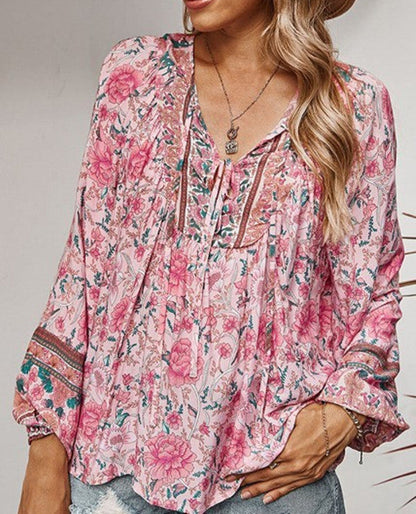 T-shirt décontracté à col en V et imprimé floral pour femme