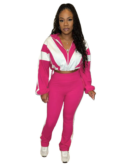 Women Athleisure Rubber Buckle Tight Waist Crop Sweatshirt Pants Set