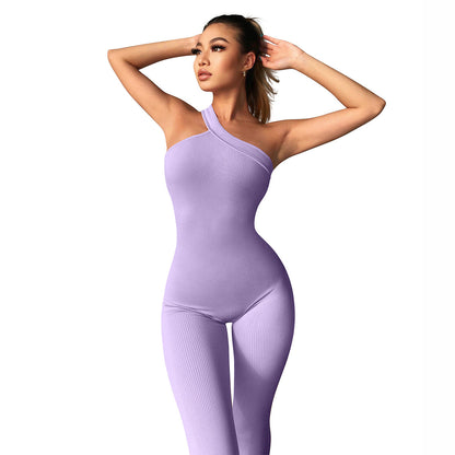 Women Fashion Sexy Solid Color Slanted Shoulder Jumpsuit
