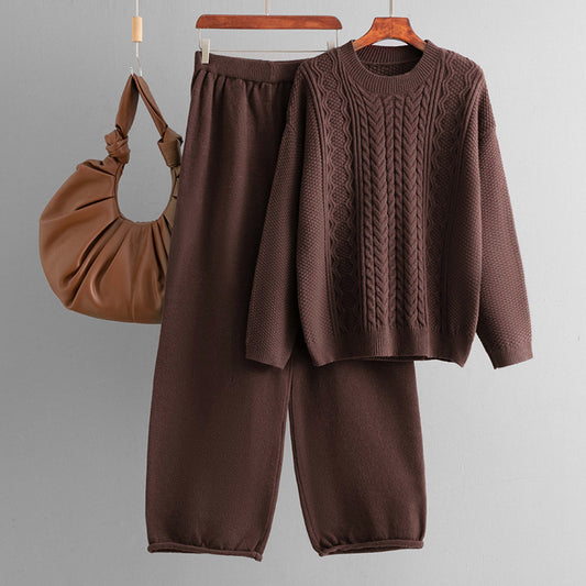 Women Casual Solid Color Knitted Sweater and Wide Leg Pants Set