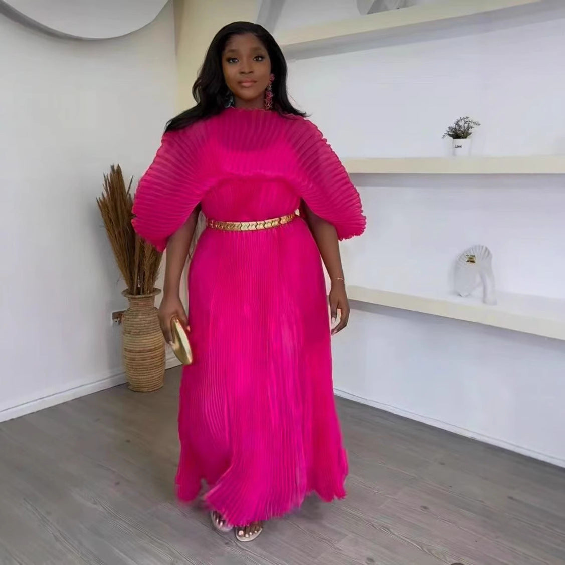 African Women Fashion Elegant Solid Color Pleated Dress