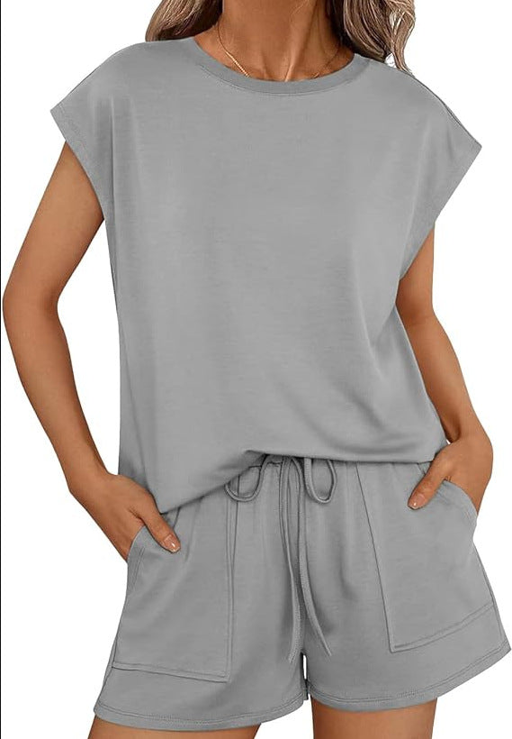 Conjunto informal de dos piezas para mujer, color liso, cuello redondo y manga corta