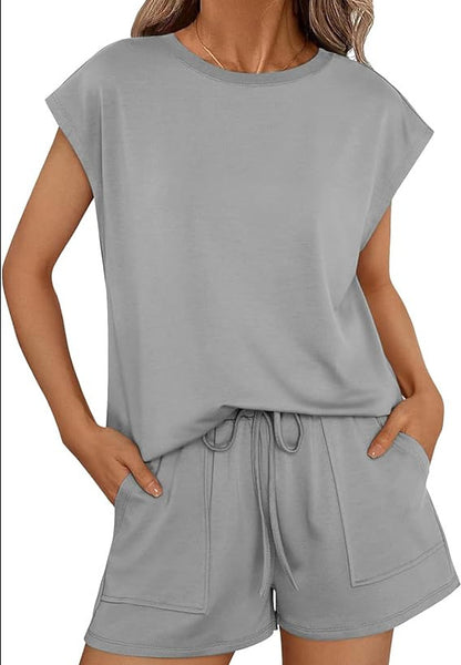 Conjunto informal de dos piezas para mujer, color liso, cuello redondo y manga corta